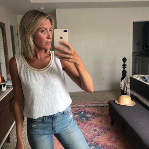 White linen embellished neckline sleeveless tank